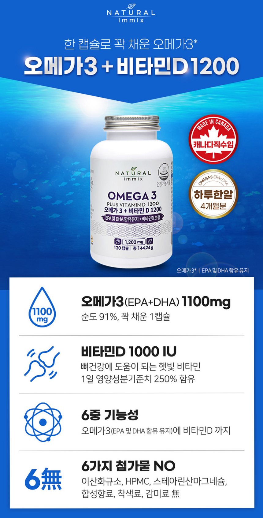 고함량 오메가3 비타민D 1200mg (4개월분) 오메가3 지방산 120캡슐, 1개